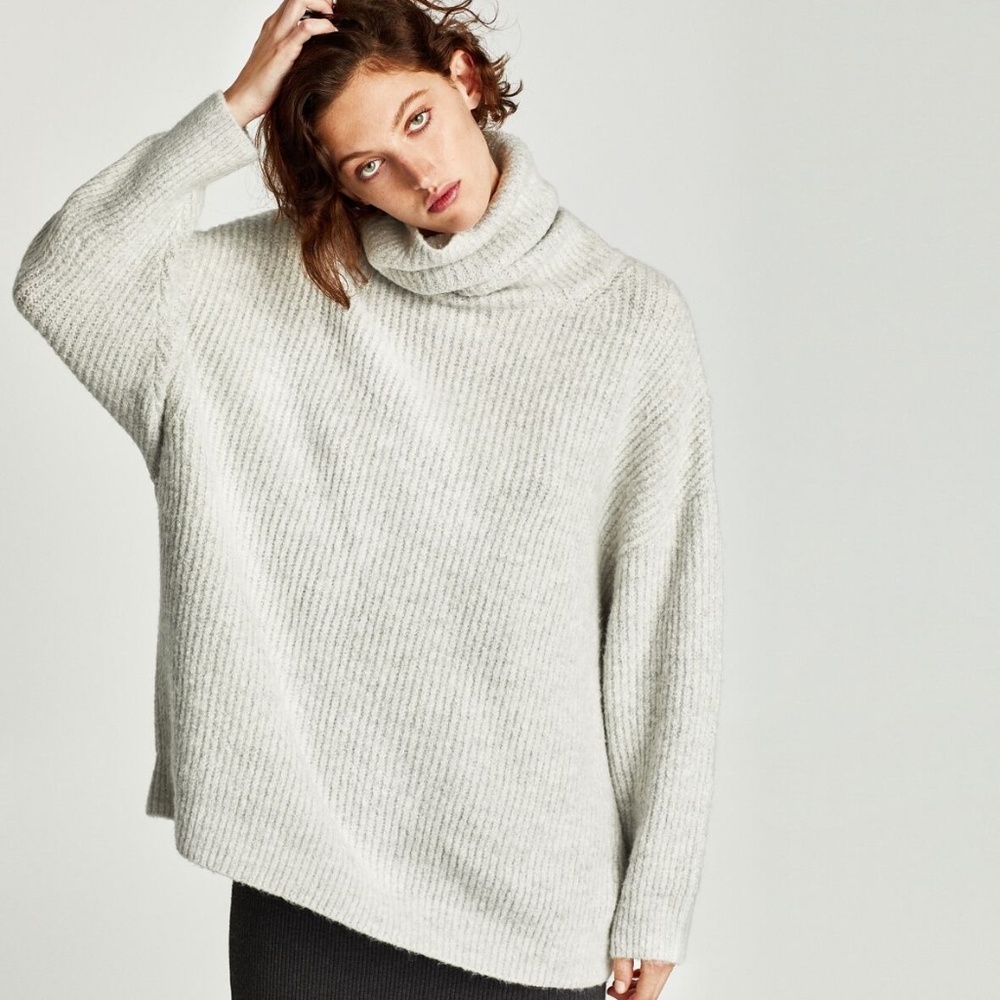 ZARA Knit Gray Oversized Ribbed Turtleneck Sweater Wool Blend Size S